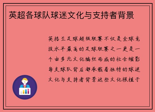 英超各球队球迷文化与支持者背景