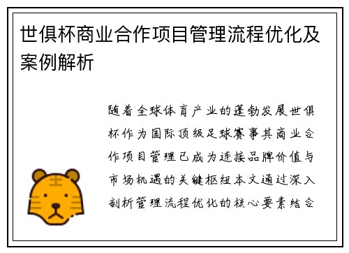 世俱杯商业合作项目管理流程优化及案例解析