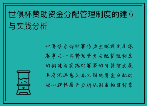 世俱杯赞助资金分配管理制度的建立与实践分析
