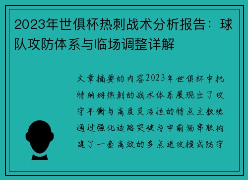2023年世俱杯热刺战术分析报告：球队攻防体系与临场调整详解